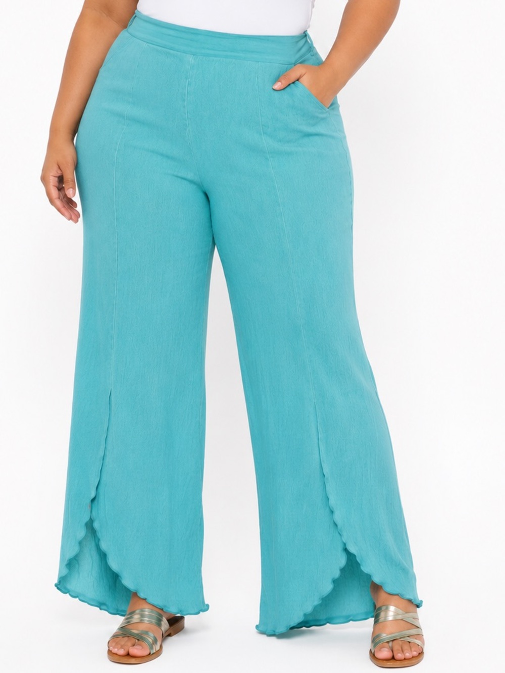 Soft Surroundings Teal Wide-Leg Scalloped Hem Pants